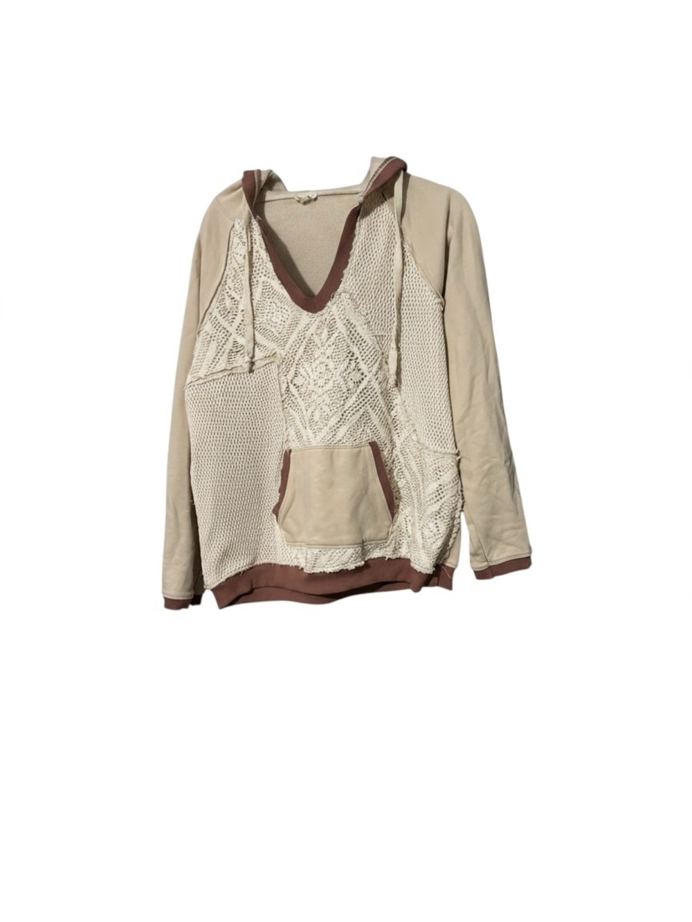 Hem & Thread  White Contrast Trim Crochet Knit Patchwork Exposed Seam Hoodie
